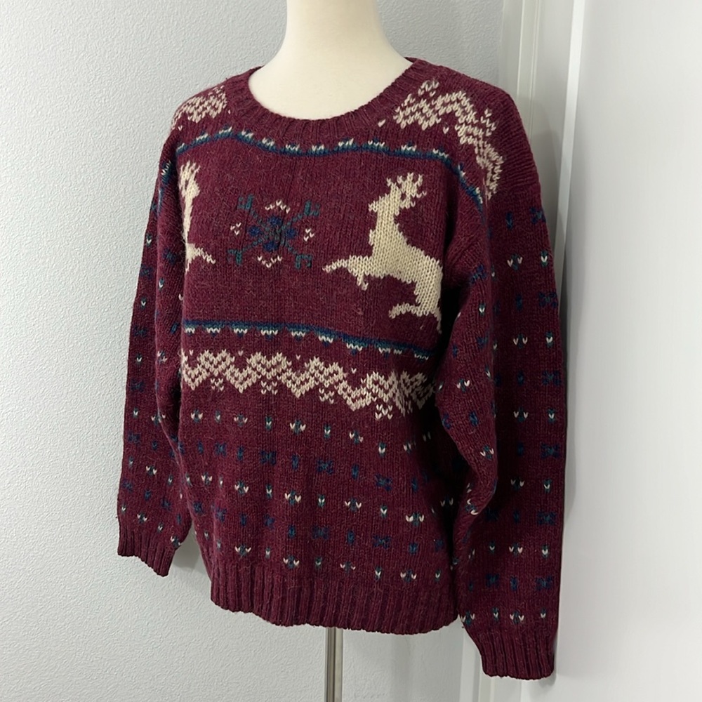 The Woolrich Vintage Large Wool Mohair Maroon Knit Reindeer Fair Isle Sweater - Picture 3 of 10